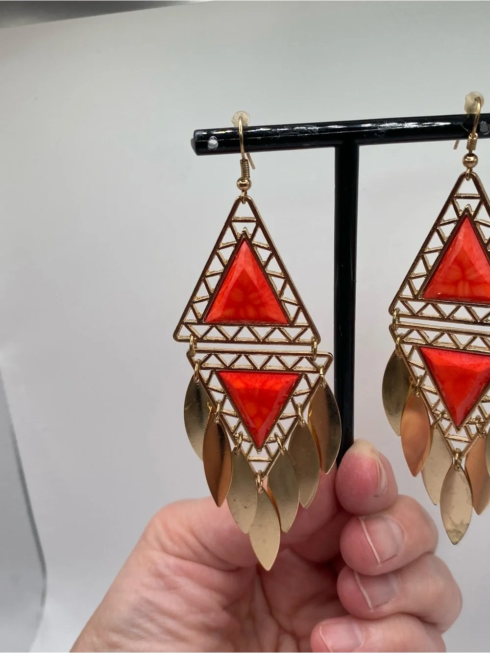 Bohemian Gold-Tone Red Triangle Dangle Earrings